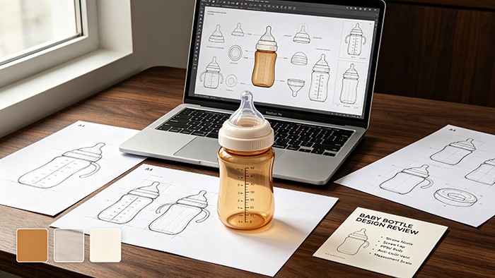 Baby bottle OEM/ODM design review: a PPSU bottle on a desk with technical drawings, material colour swatches and CAD sketches on a laptop screen
