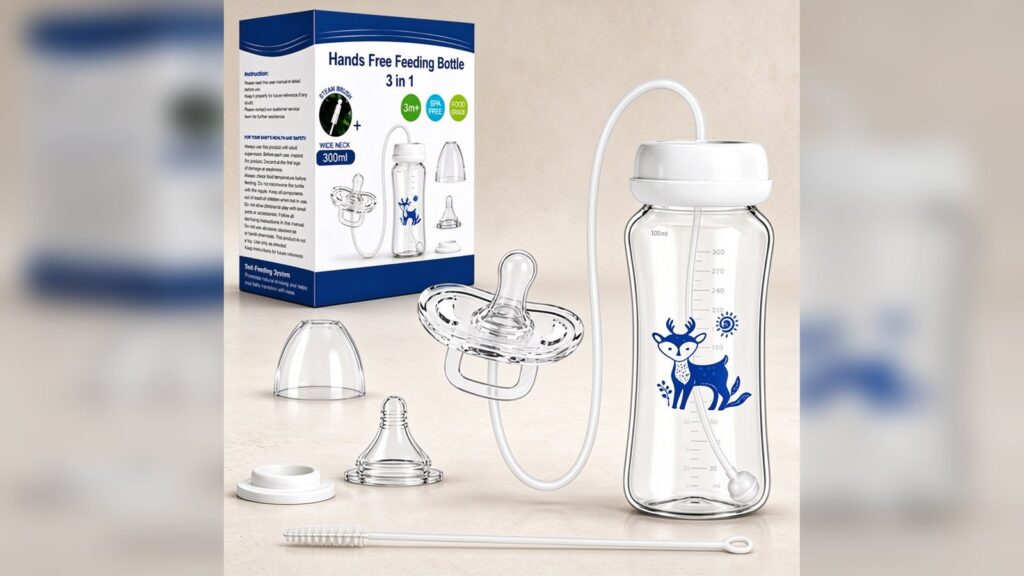 3-in-1 Hands Free Feeding Bottle, 300 ml wide-neck PP bottle with teat, flexible tube, dust cap and cleaning brush