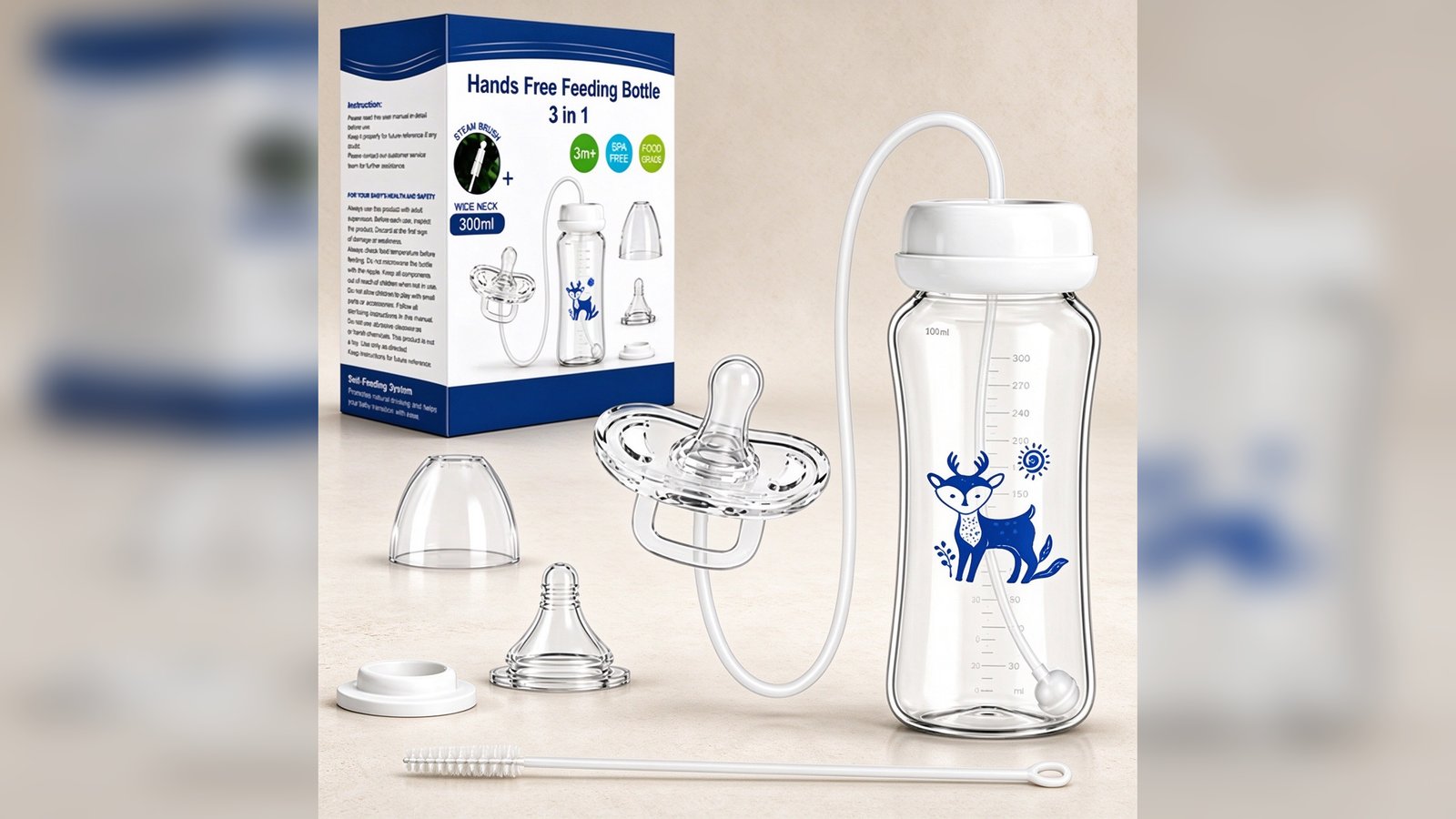 3-in-1 Hands Free Feeding Bottle, 300 ml wide-neck PP bottle with teat, flexible tube, dust cap and cleaning brush